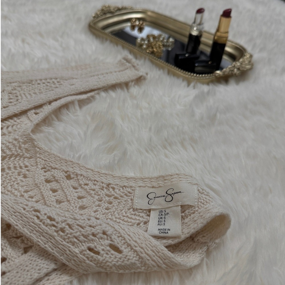 Jessica Simpson Boho Crochet Tank Top Cream Knit Tie Front Summer
